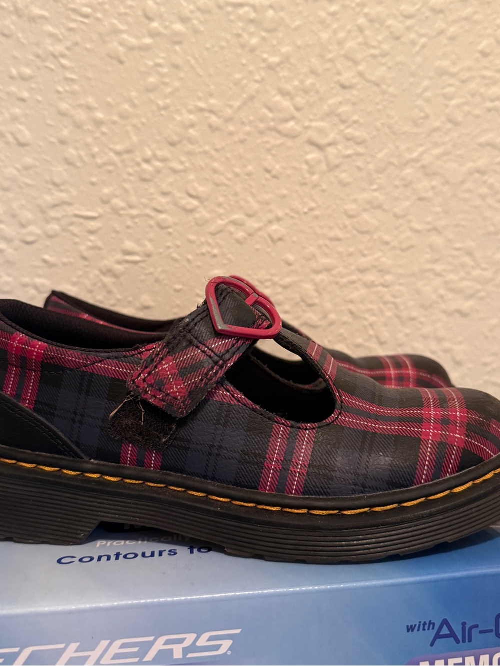 Dr. Martens Kids Plaid Mary Jane in Black & Pink